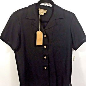 Vintage '80s Black 100% Linen Short Sleeve Button Up Career Blouse NWT - NOS